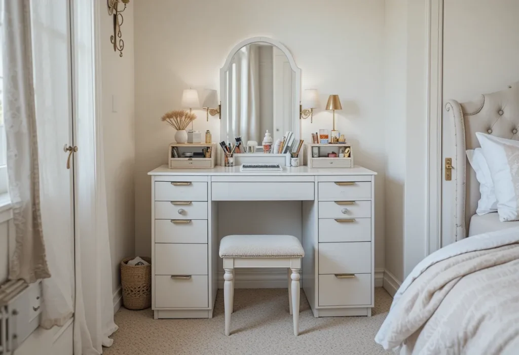 Small vanity table with drawers and a cushioned chair tucked underneath in a cozy corner.