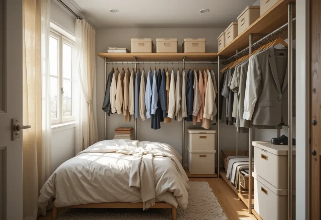 Minimalist open wardrobe with hanging clothes, shelves, and matching