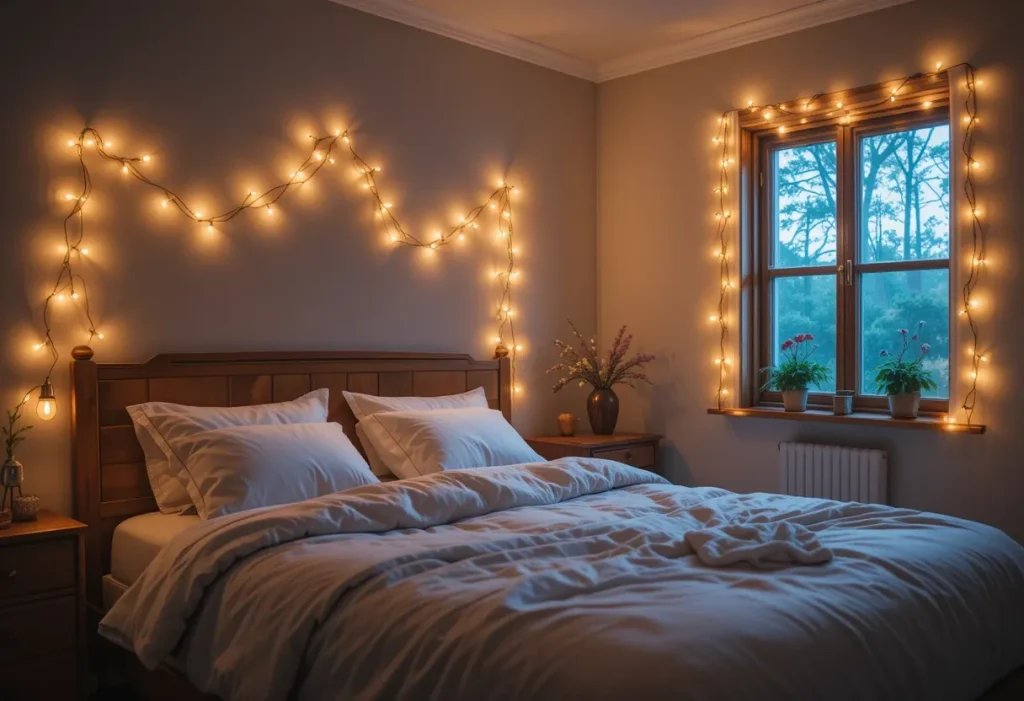 Warm string lights hanging above a wooden headboard and window in a softly lit guest bedroom
