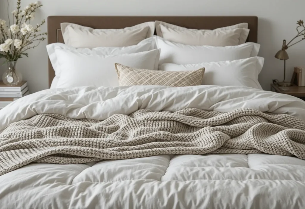 A neatly made bed with white cotton sheets, a textured throw blanket, and plush pillows in layered, cozy style.