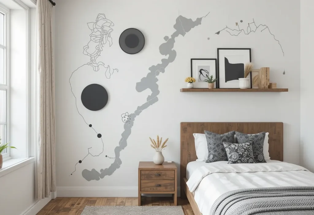 A guest room wall with minimalist black line art wall decals in abstract shapes, paired with framed art and floating shelves.
