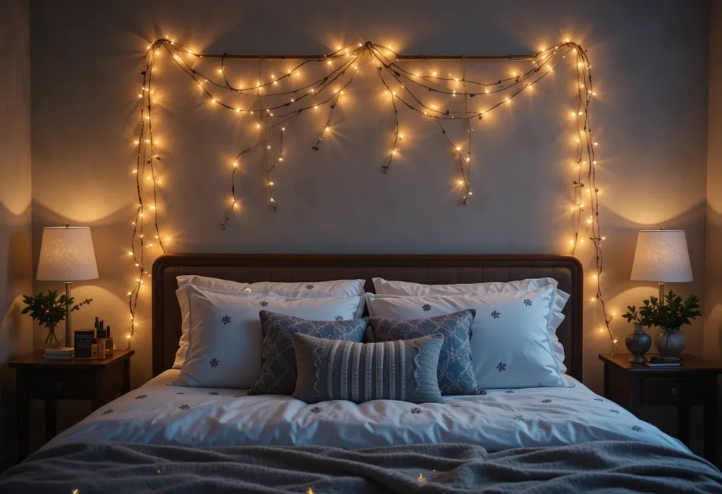 A wall-mounted set of matte black hooks near the guest room door holding a robe, tote bag, and light jacket.