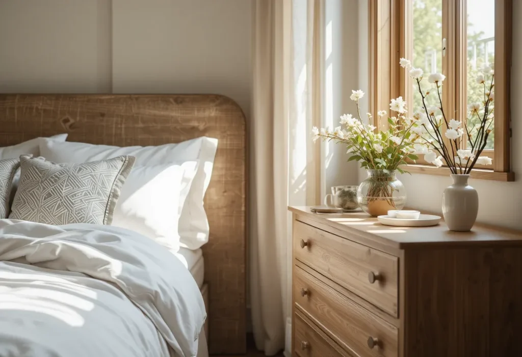 Guest bedroom with a small vase of fresh flowers or a potted plant on a shelf or nightstand, adding greenery to the cozy space.