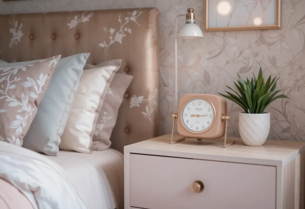 A modern, silent desk or wall clock in a guest room, styled in soft pastels or metallics, placed on a nightstand or above a shelf.