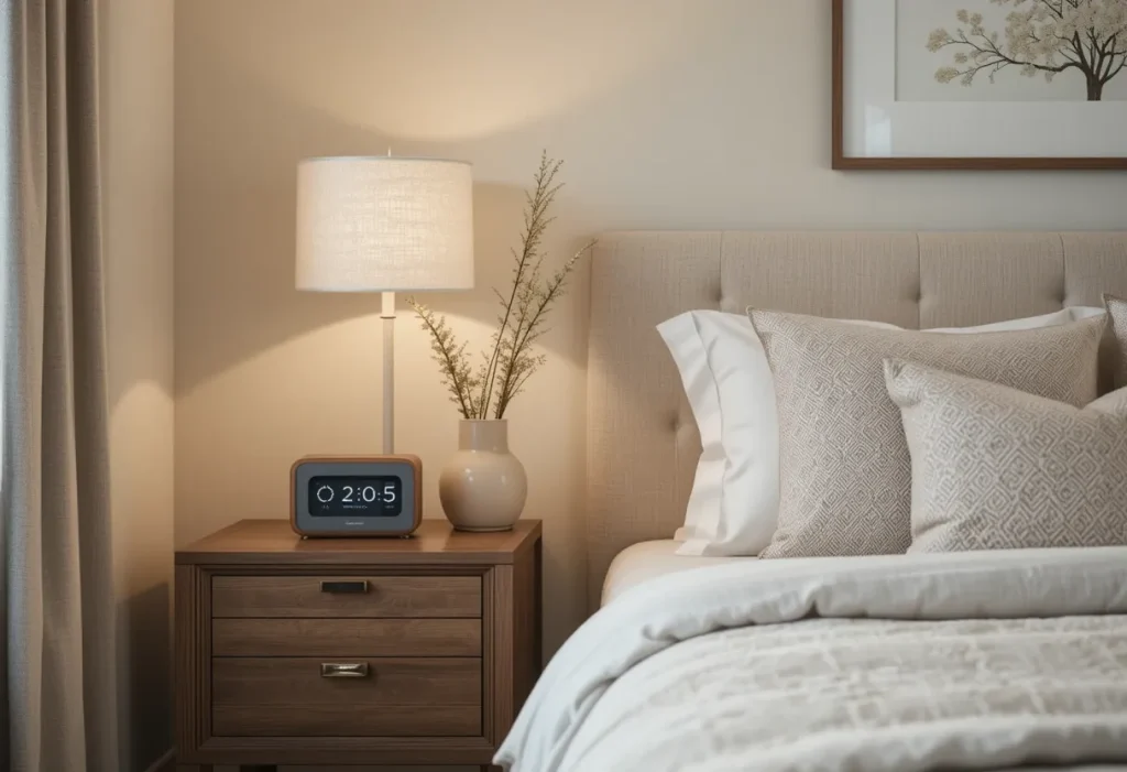 Wide bedroom view showing a minimalist analog or digital clock on a nightstand, soft lighting, and a clutter-free design.