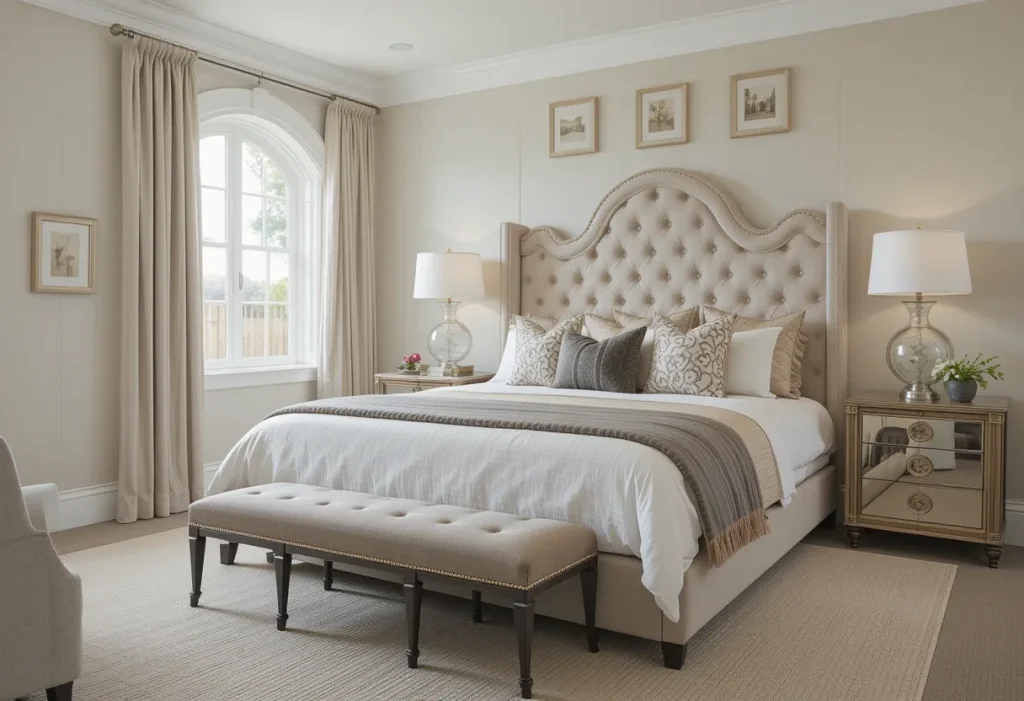 A stunning guest bed with layered bedding, tufted headboard, designer pillows, and a bench at the foot, set in a serene, well-lit room.