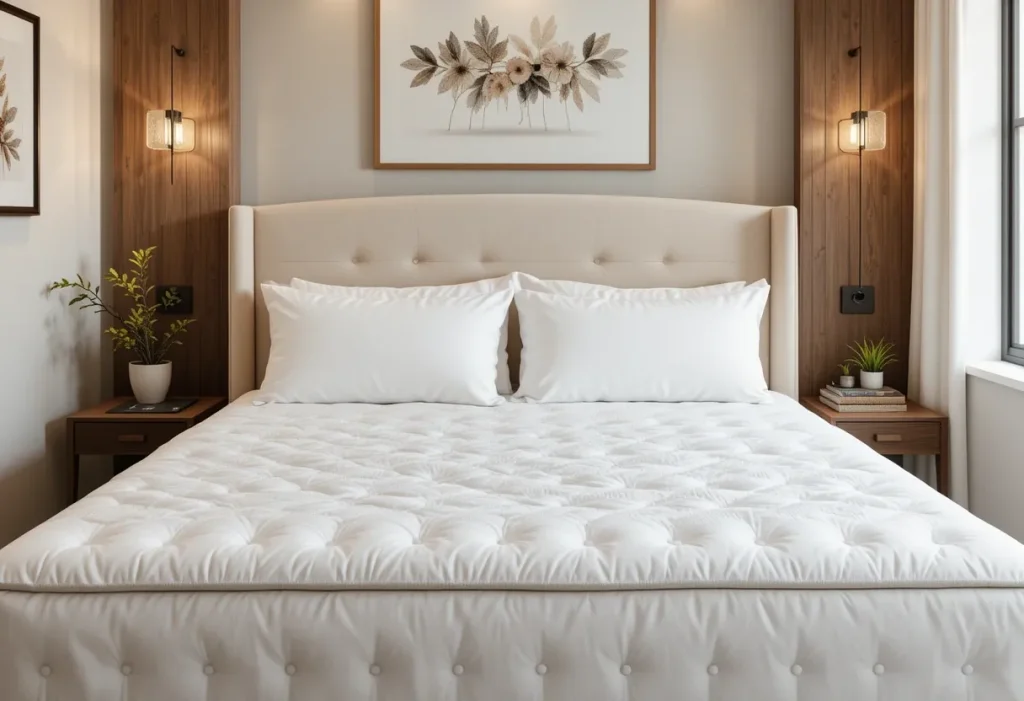 Guest bedroom featuring a queen bed with a thick memory foam mattress, neutral bedding, and a modern headboard in a clean, well-lit space.