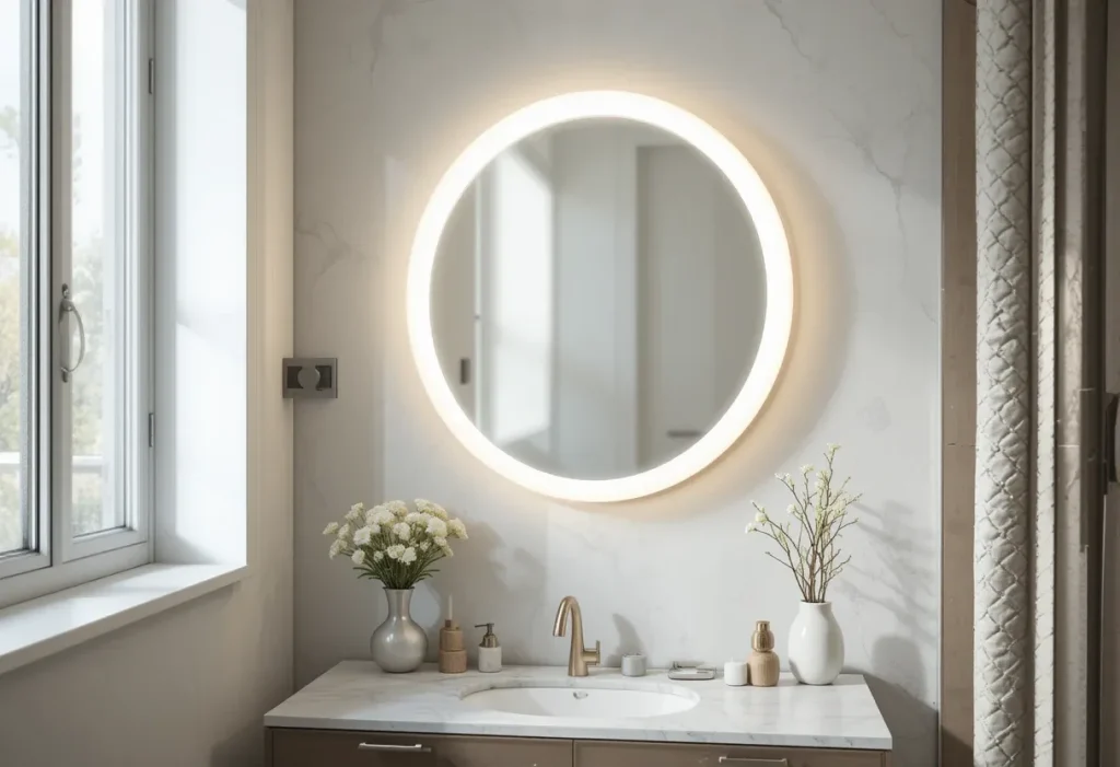 LED-lit round mirror above a vanity, reflecting natural light in a small, bright bedroom.