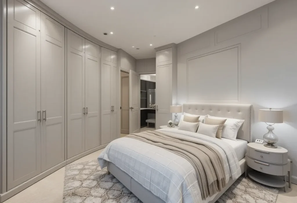 Custom built-in wardrobe seamlessly integrated into the bedroom wall.