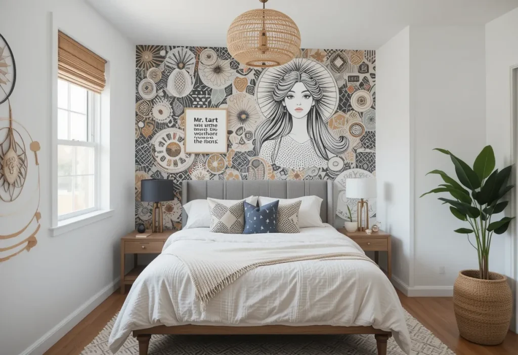 A small guest bedroom featuring one accent wall covered in modern boho peel-and-stick wallpaper with geometric patterns, paired with minimalistic decor.