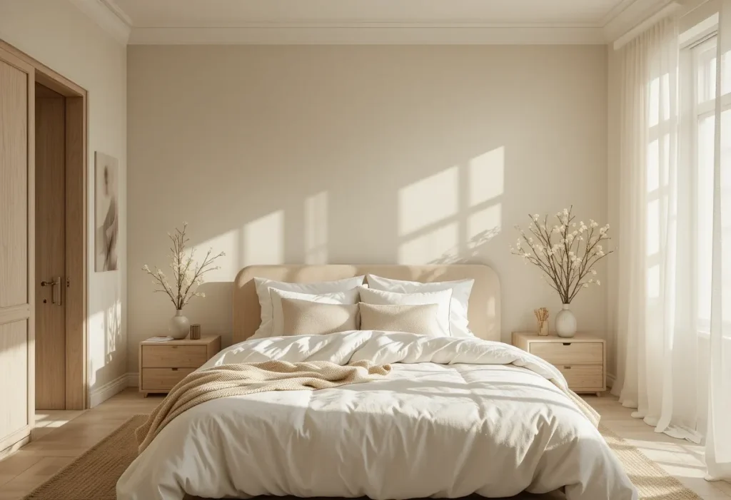 A minimalist bedroom with beige walls, light wood furniture, and soft off-white bedding that radiates calm and space.