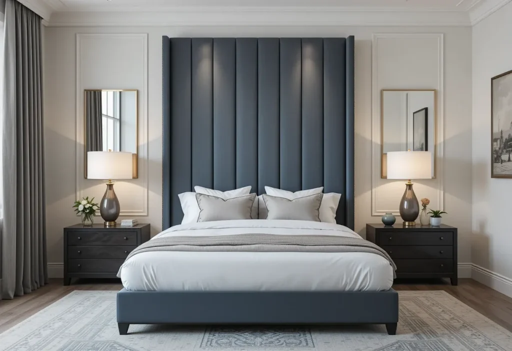 A modern guest room featuring a tall, velvet headboard in a soft neutral tone as the bed’s standout focal point.