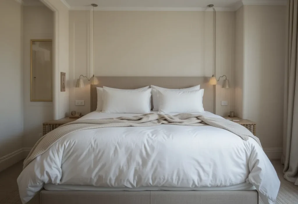 Full-room shot of a cozy guest room with bright white cotton bedding, soft pillows, a textured throw blanket, and neutral decor.