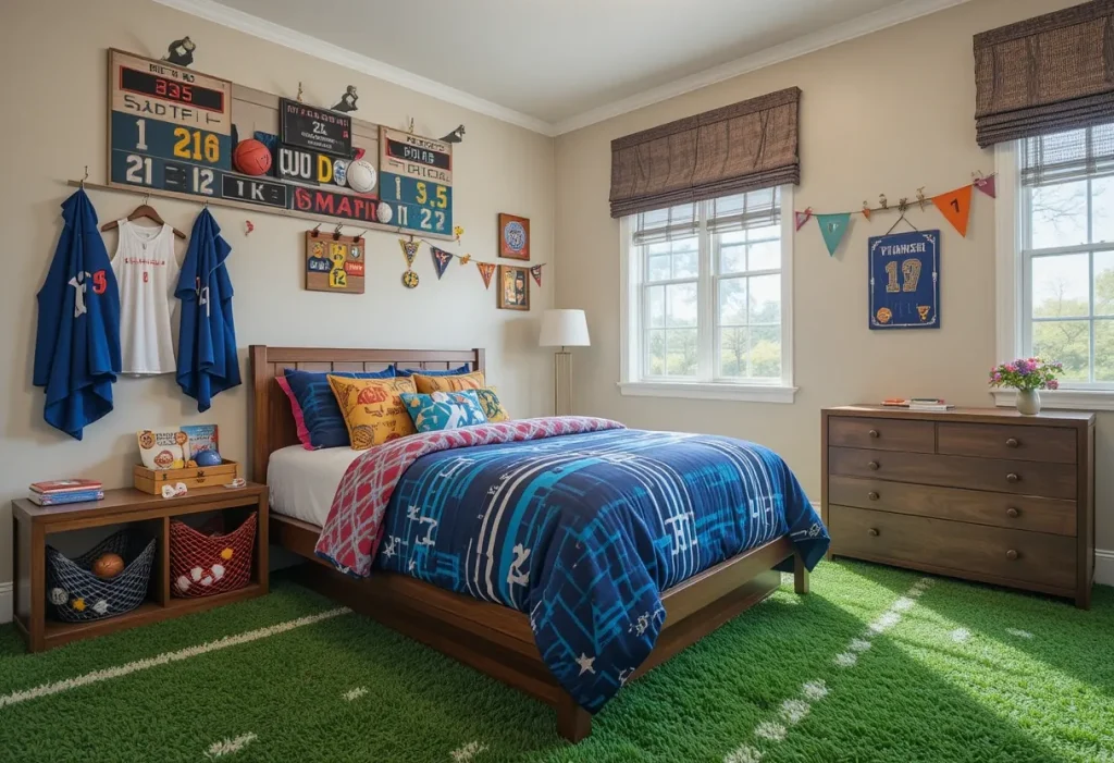 Sports-inspired kids’ bedroom featuring turf carpet, jersey hooks, scoreboard wall art, sports gear storage, and team pennants.