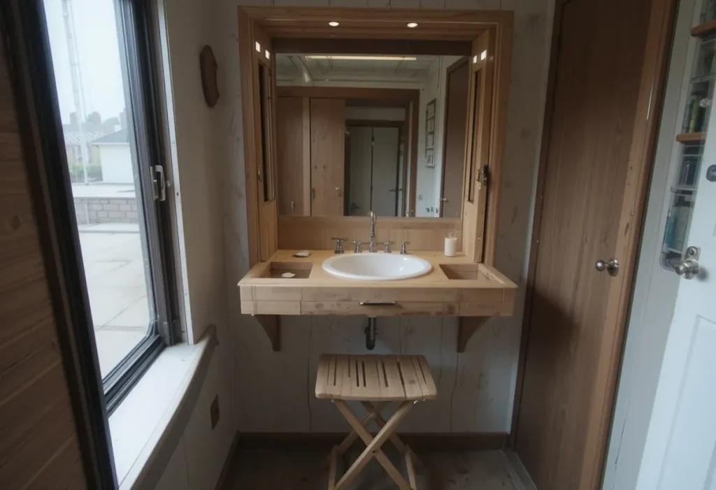 Fold-down wooden vanity closed against the wall with a simple stool below in a tiny bedroom.
