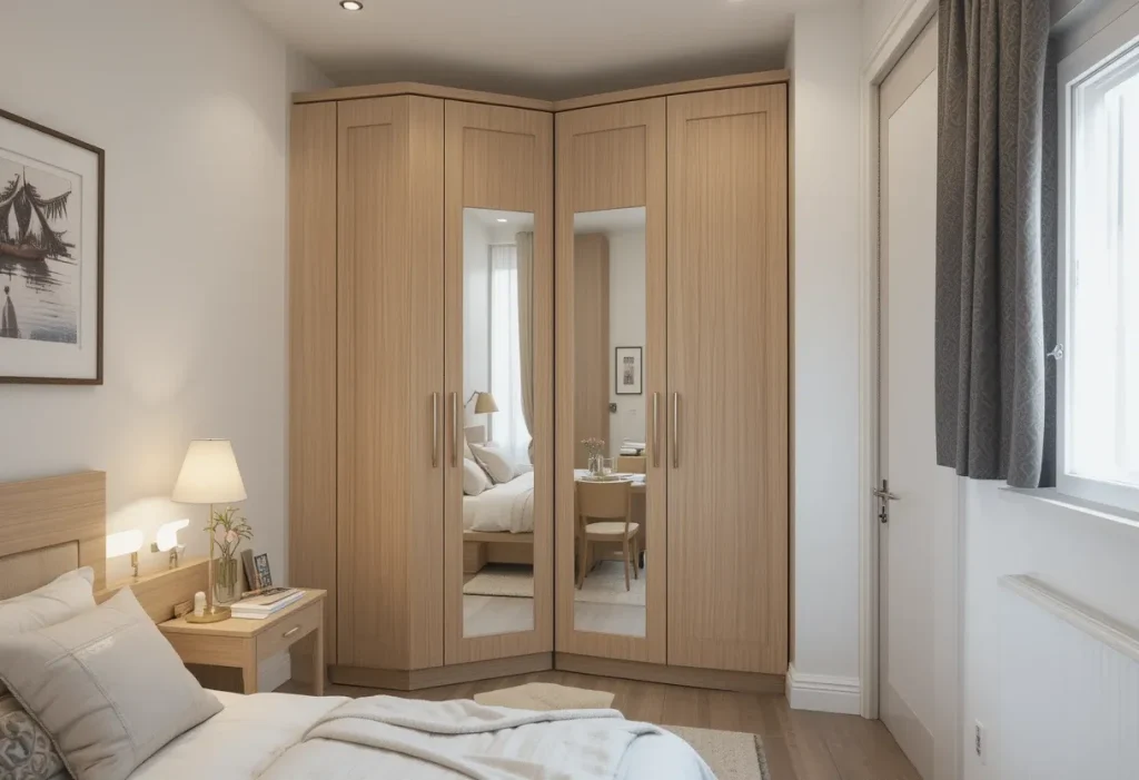 Triangular corner wardrobe maximizing unused space in a compact bedroom.