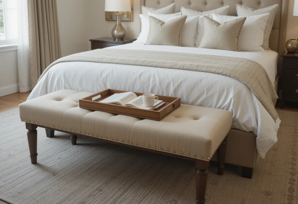 A chic bedroom with a beige upholstered bench at the foot of a queen bed, styled with a wooden tray holding a book and a coffee mug.