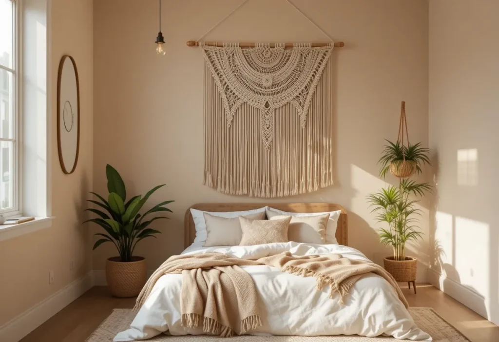 Macramé wall hanging displayed above a cozy bed, with natural textures and neutral tones for a soft, boho aesthetic.
