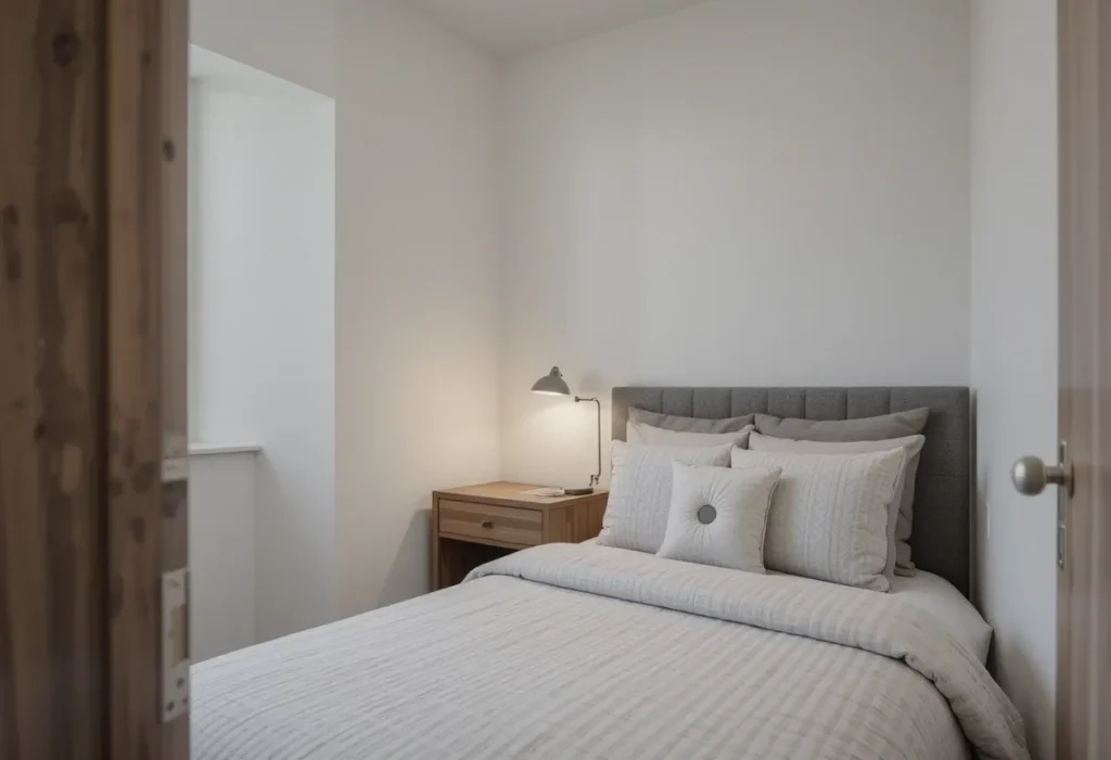 Guest bedroom with a small wooden nightstand beside the bed, holding a reading lamp and small tray, styled in a clean and uncluttered space.