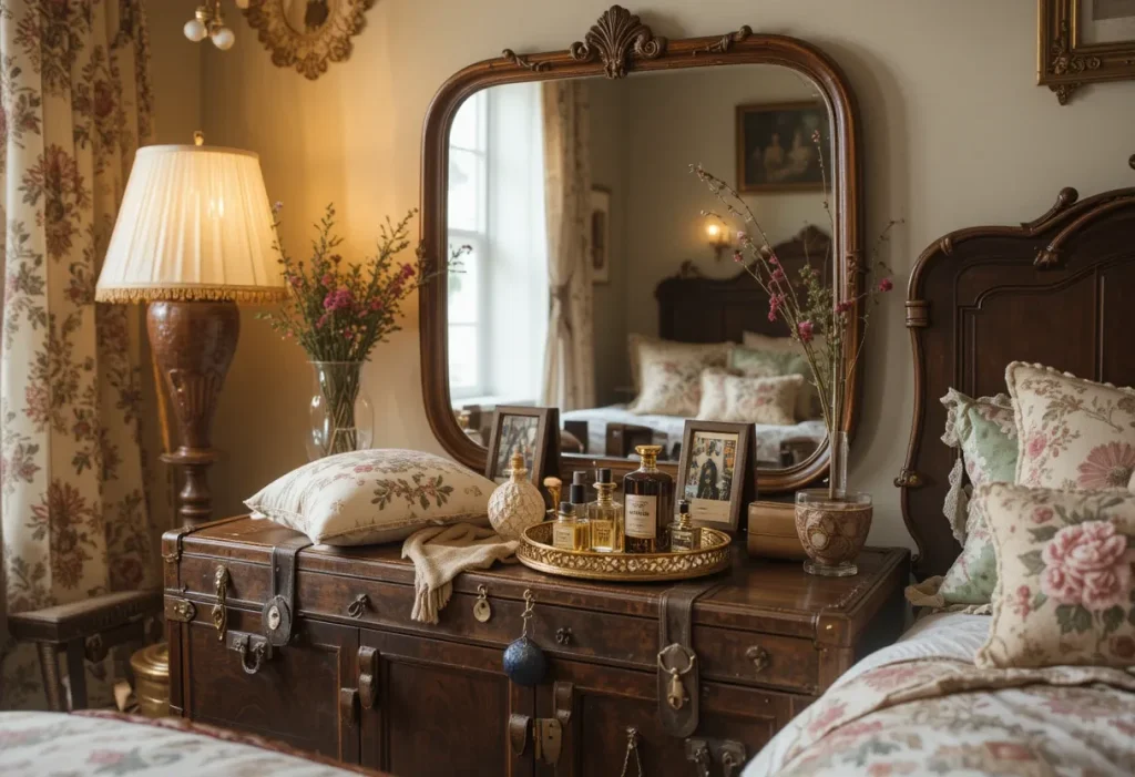 Vintage trunk used as a vanity with a mirror above, cushion on top, and a tray of beauty items.