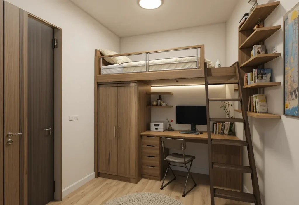 Lofted bed above a compact wardrobe and study desk combo.