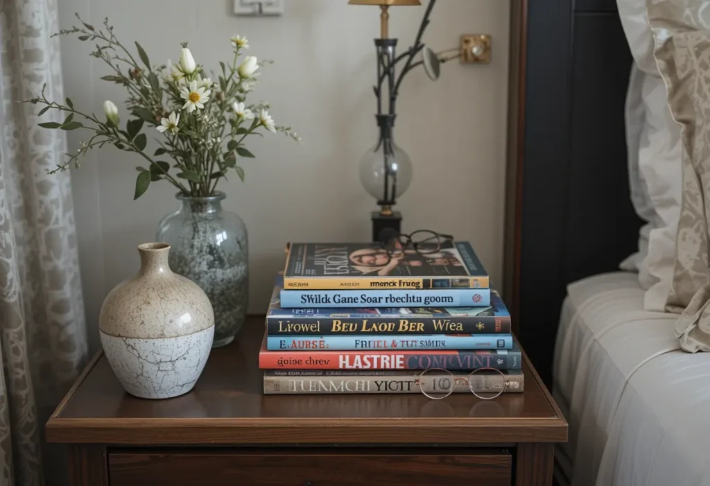 A nightstand or low shelf holding stacked travel books and trendy magazines, surrounded by a small vase and reading glasses in a cozy guest room.