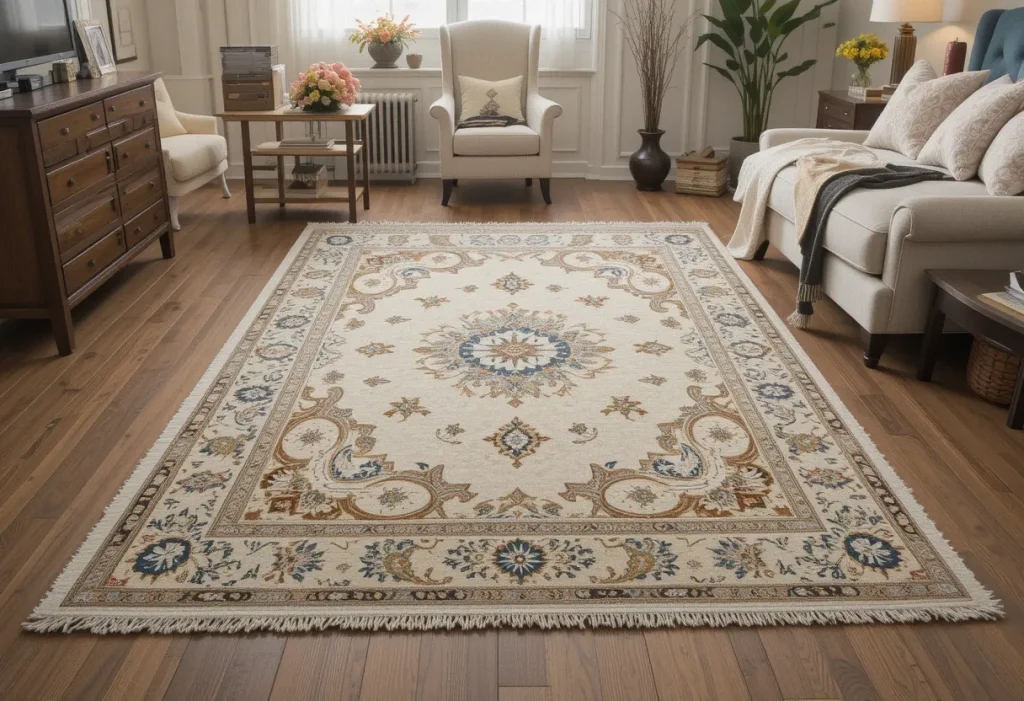 A bedroom floor featuring two layered rugs — a large neutral rug underneath a smaller patterned rug — adding texture and depth.