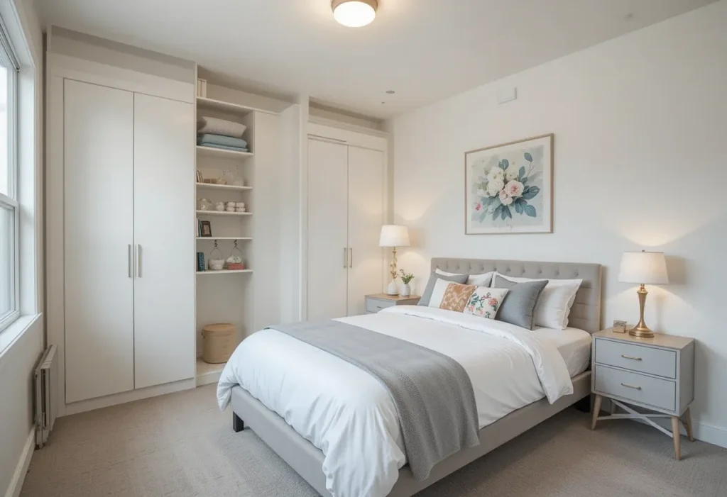 A tidy guest bedroom with minimal decor, ample floor space, and clean surfaces, emphasizing intentional layout and breathable space.