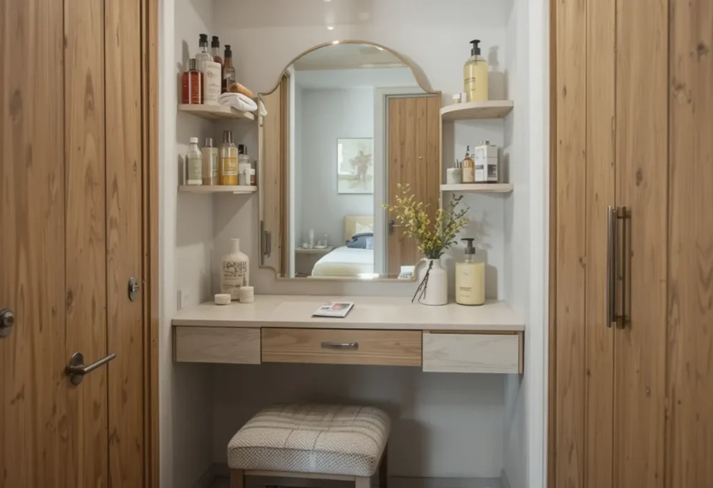 Corner vanity table with a wall-mounted mirror and corner shelves, maximizing space in a small room.