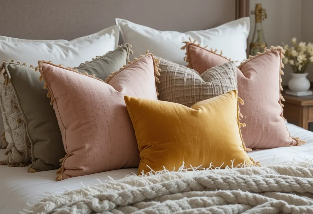 A well-styled bed with a mix of throw pillows in velvet, linen, and cotton, featuring blush, sage, and mustard tones in odd-numbered arrangements.