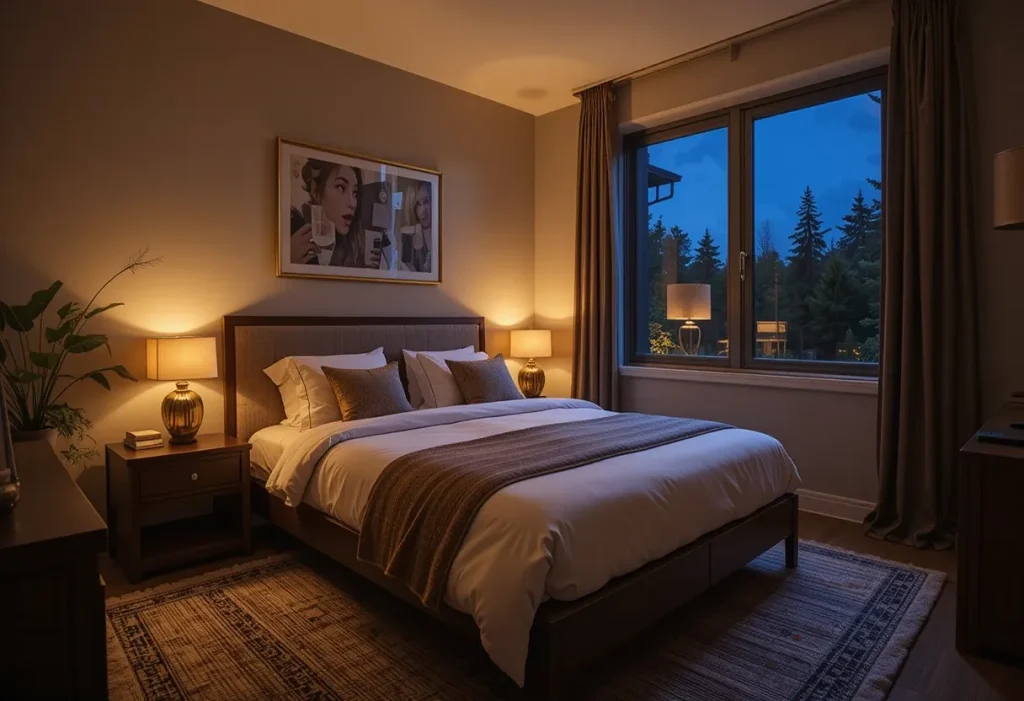 A guest room softly lit with dimmable smart bulbs in bedside lamps, creating a warm and adjustable ambiance.