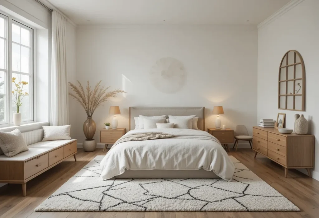 Room view featuring a guest bed over a soft low-pile area rug, with warm tones and layered throw blankets for a cozy, inviting atmosphere.