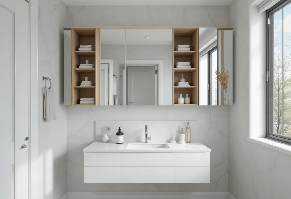 Mirror cabinet above a sleek white vanity concealing storage in a compact, modern bedroom.