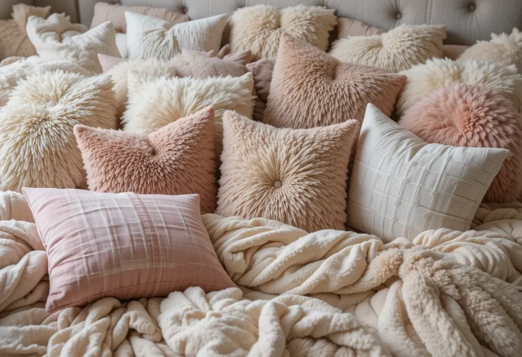 A bed filled with pillows of different shapes, sizes, and textures, stacked in layers for a plush and inviting look.