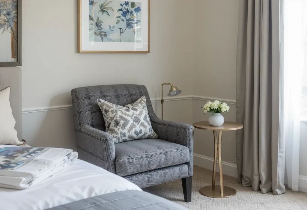 A boucle accent chair placed in the corner of a modern guest room with a throw pillow and small side table.