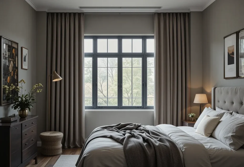 Full guest room with blackout curtains drawn halfway open, neutral bedding, and soft lighting to show a restful, dark-sleep-friendly setup.
