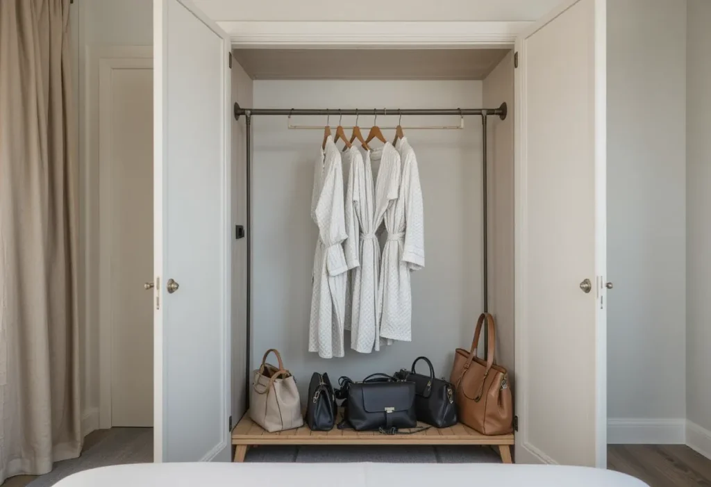 A matte black garment rack with wood hangers and neatly hung robes in a stylish and functional guest space.