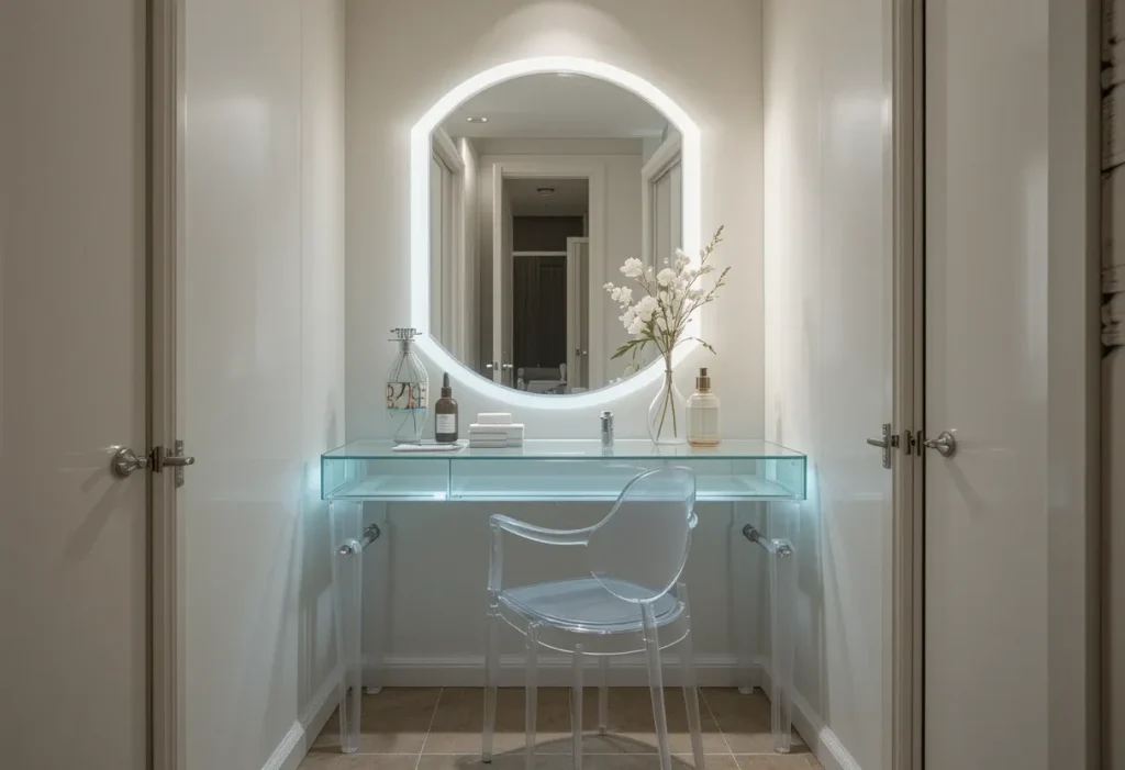 Acrylic vanity with clear chair and minimal decor creating a light, open feel in a tight bedroom.
