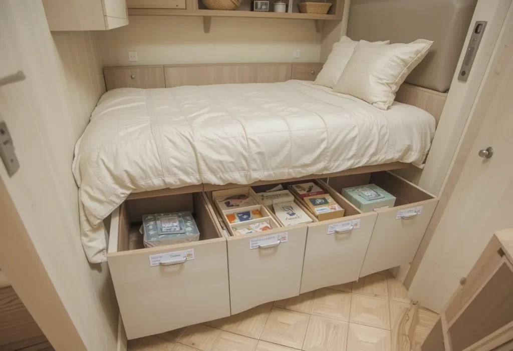 Storage drawers neatly tucked under a platform bed in a tiny room.