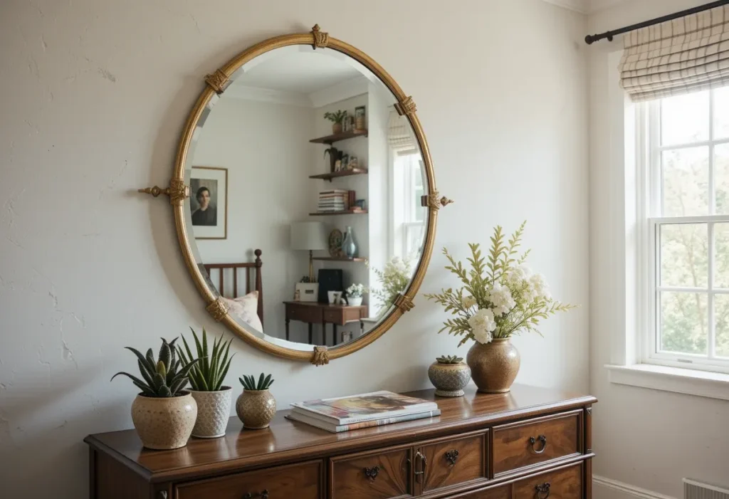 above a dresser in a bright, boho-style guest bedroom, reflecting natural light from a nearby window.