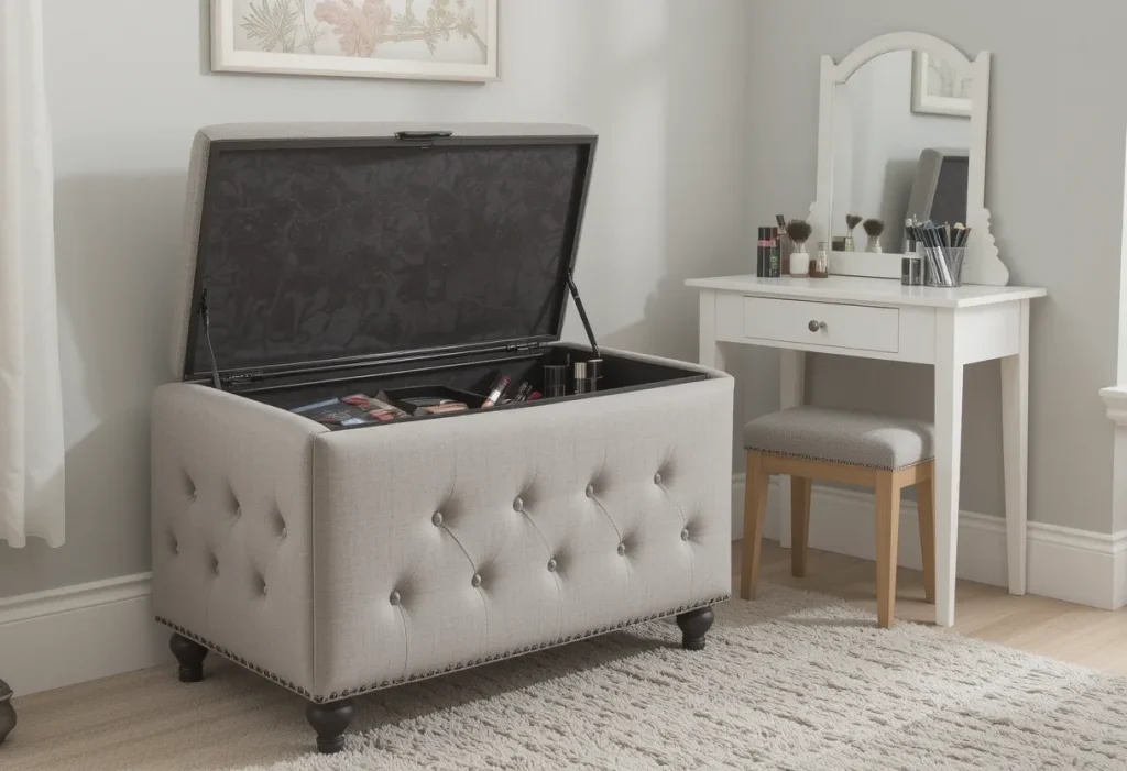 Upholstered storage bench opened next to a vanity, showing organized makeup compartments inside.