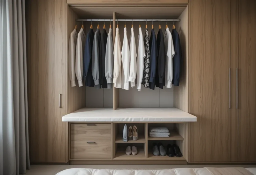 Wardrobe with a hidden fold-out ironing board in a compact bedroom