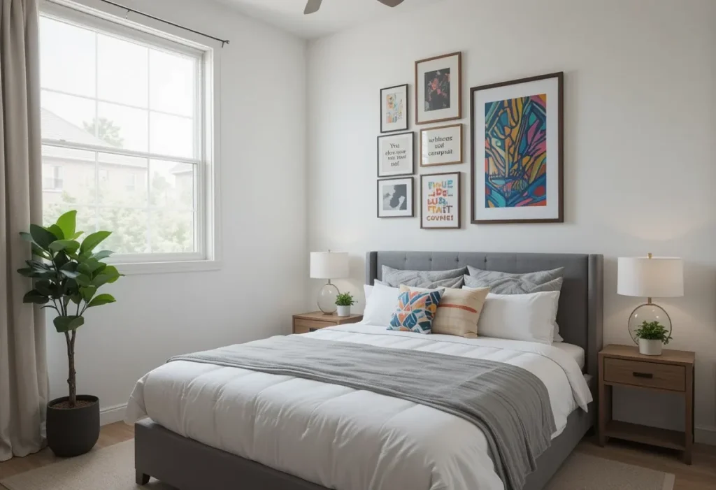 A small gallery wall featuring colorful abstract art and framed typography in a modern guest room, with light walls and a neutral bed.