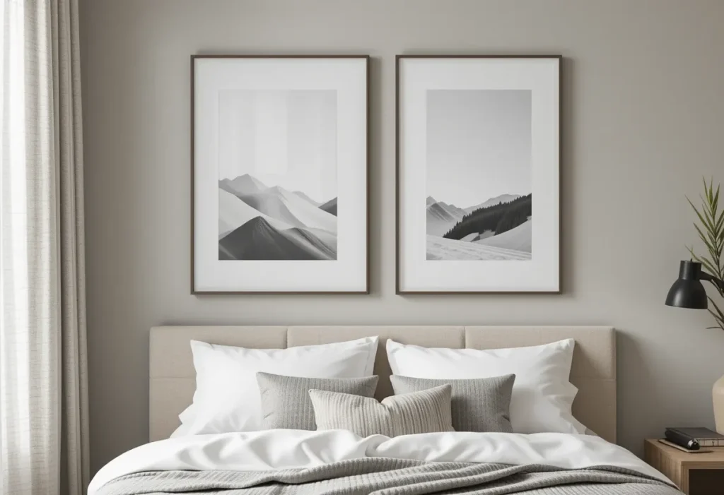 A set of minimalist framed prints above the bed in soft colors, adding visual balance and a curated aesthetic.