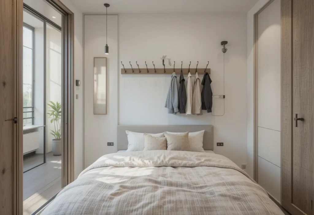 Bedroom view with a compact clothing rack and decorative wall hooks near the bed, neatly holding clothes and bags in a modern aesthetic.