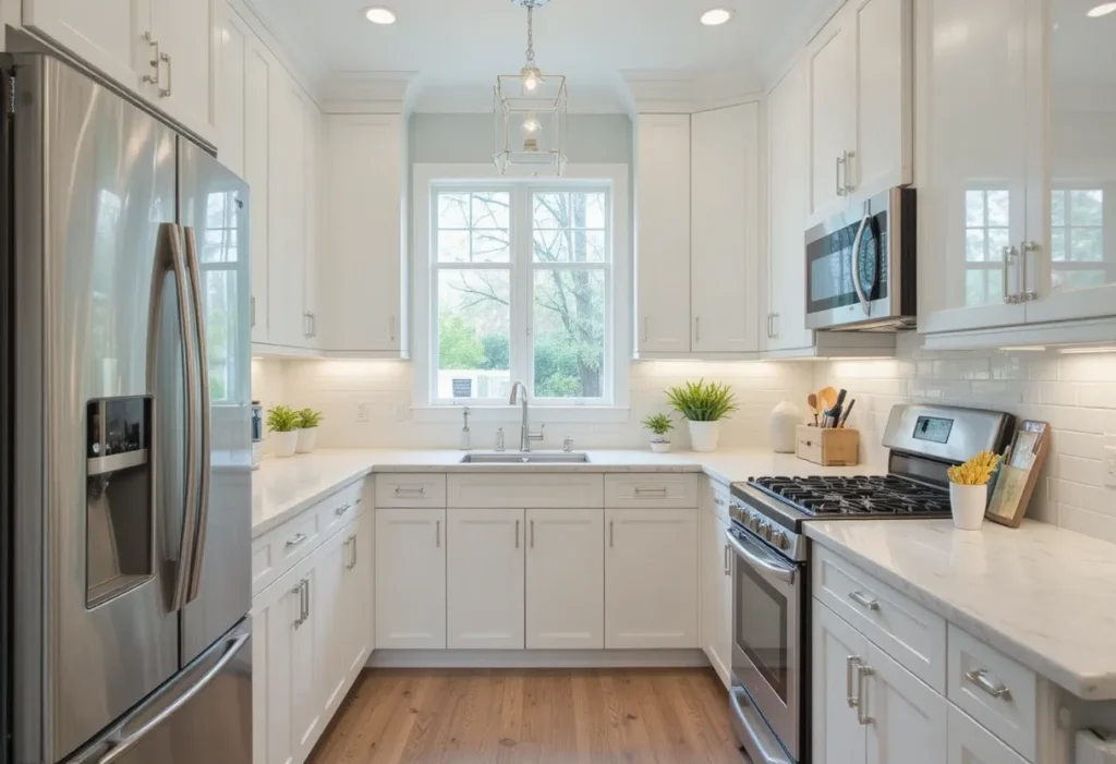 Bright Small Kitchen | White Cabinets & Modern Lighting Ideas