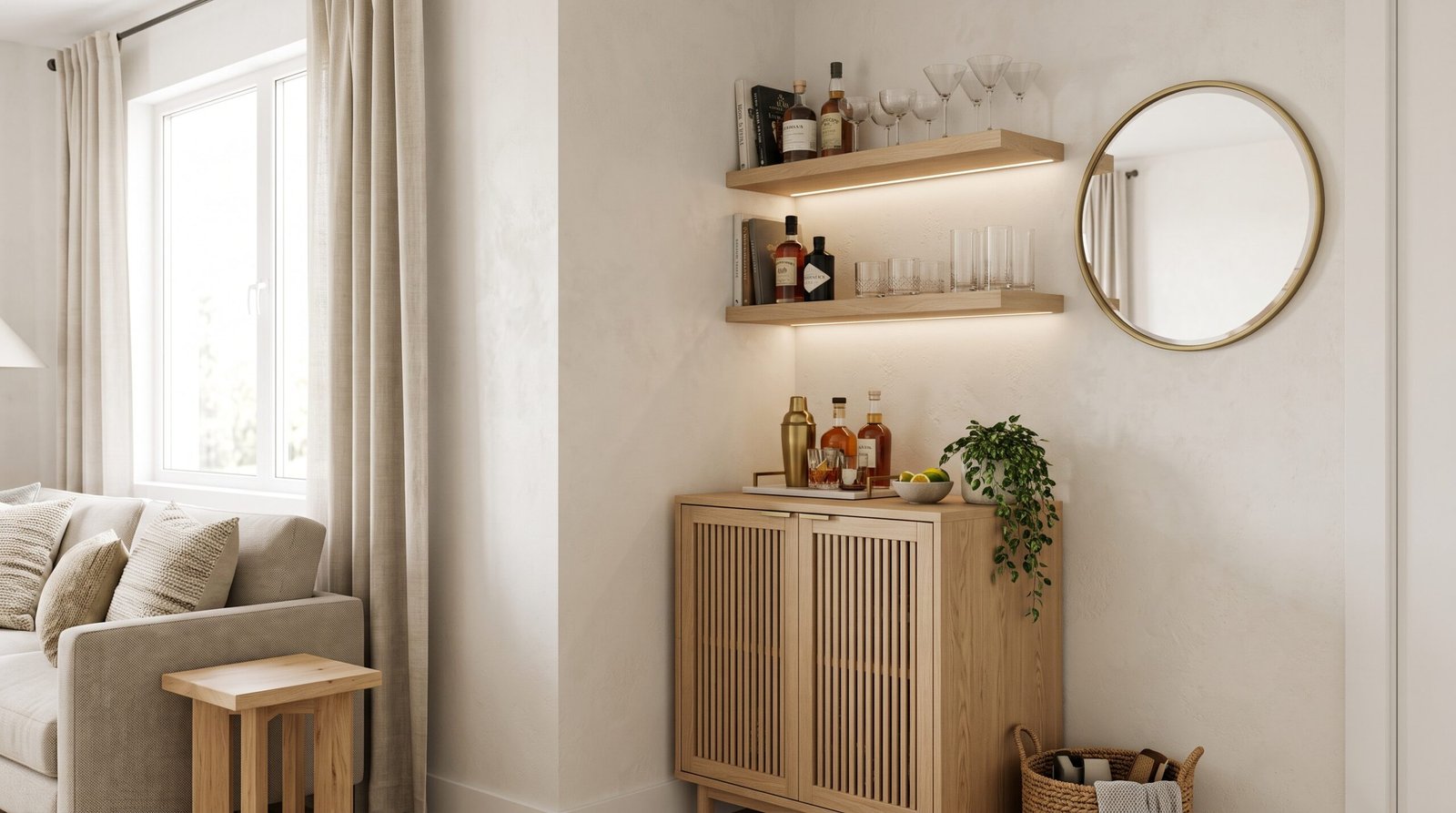 Home bar styling idea with decorative accessories and an organized serving area