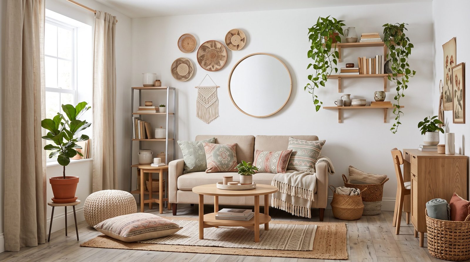 Boho-inspired living space with natural textures, layered decor, and soft lighting