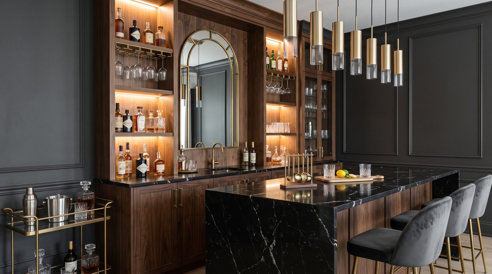 Decorative home bar with coordinated materials and attractive display styling