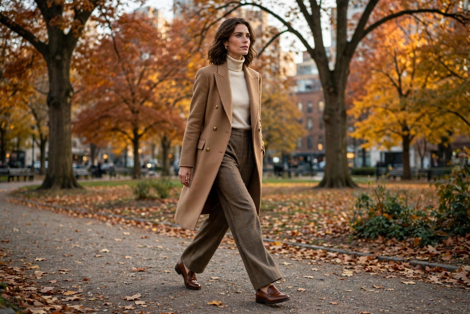 A woman in a tailored camel coat, cream turtleneck, plaid wide-leg trousers and polished loafers walking through an autumn city park